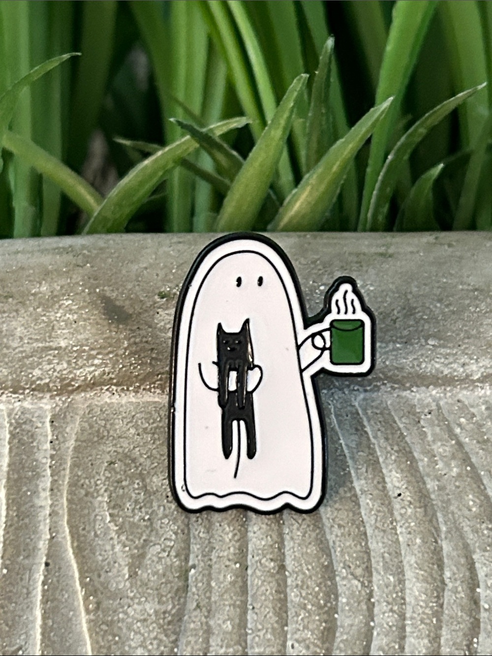 White Ghost carrying a coffee and a cat enamel pin NEW